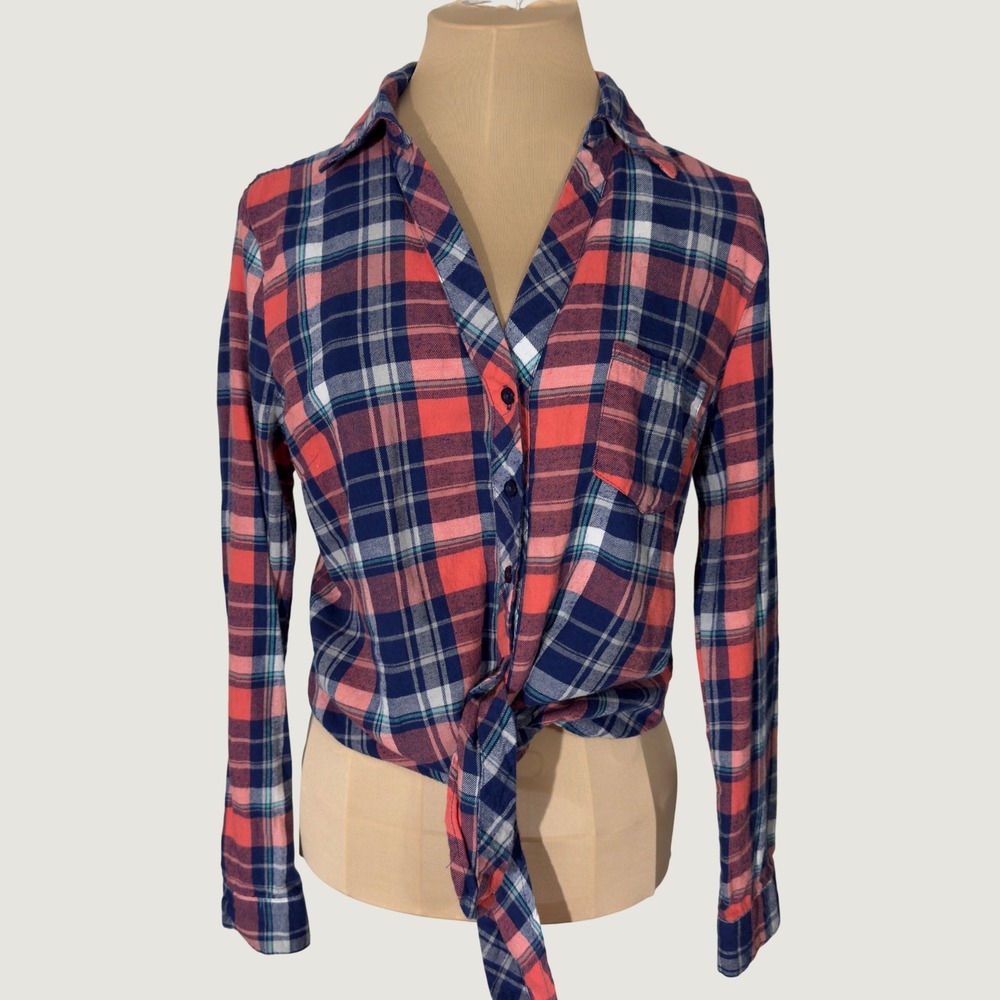 3222 | Plaid Crochet Lace Back Tie Front Shirt Coral Navy Soft Grunge Women M